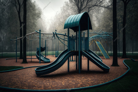 playground with climbing equipment, slides, and swings in empty park on a rainy day, created with generative aiの素材