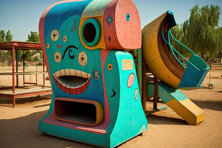 empty playground with colorful and childlike graffiti drawings on the equipment, created with generative aiの素材