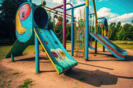 empty playground with colorful and childlike graffiti drawings on the equipment, created with generative aiの素材