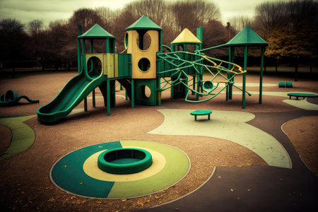 one empty playground, with different kinds of equipment visible, created with generative aiの素材