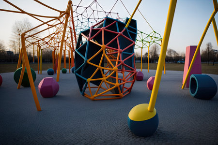 creative and unique play equipment in empty playground, with colorful ropes and nets, created with generative aiの素材