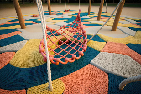 creative and unique play equipment in empty playground, with colorful ropes and nets, created with generative aiの素材