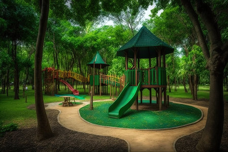 a playground, surrounded by tall trees and lush greenery, providing a serene setting, created with generative aiの素材