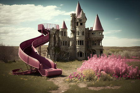 empty playground with castle and slide, surrounded by blooming flowers, created with generative aiの素材