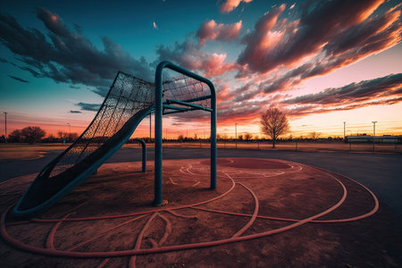 an empty sports playground with a view of the sunset, showcasing the colors of the sky and clouds, created with generative aiの素材