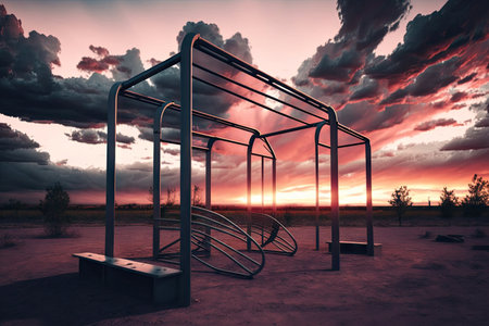 an empty sports playground with a view of the sunset, showcasing the colors of the sky and clouds, created with generative aiの素材