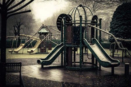 playground with slides and swings, surrounded by empty park on a rainy day, created with generative aiの素材