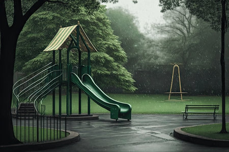 playground with slides and swings, surrounded by empty park on a rainy day, created with generative aiの素材