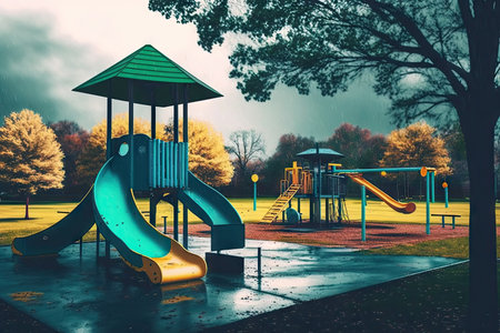 playground with slides and swings, surrounded by empty park on a rainy day, created with generative aiの素材