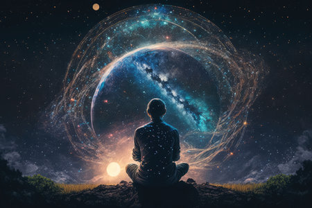 person, meditating, and finding inner peace with the energy of the universe, created with generative aiの素材