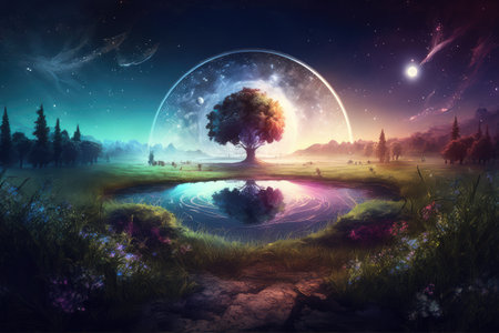 natural landscape of a peaceful meadow, with the energy of the universe radiating from above, created with generative aiの素材