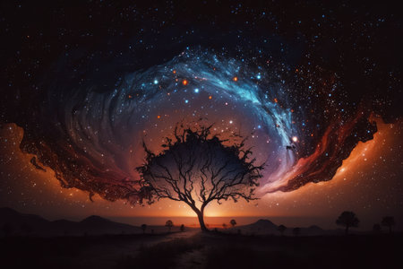 a view of a starry sky, with the energy of the universe shining through, created with generative aiの素材