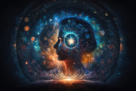 person, surrounded by energy of the universe, with their eyes closed in deep meditation, created with generative aiの素材
