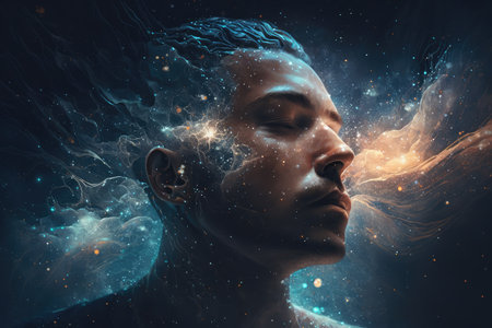 person, surrounded by energy of the universe, with their eyes closed in deep meditation, created with generative aiの素材
