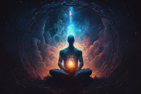 person, deep in meditation, harnessing the energy of the universe, created with generative aiの素材