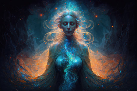 woman, surrounded by the energy of the universe, in tranquil setting, created with generative aiの素材