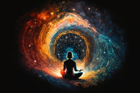person, meditating, with their mind open to the infinite energy of the universe, created with generative aiの素材