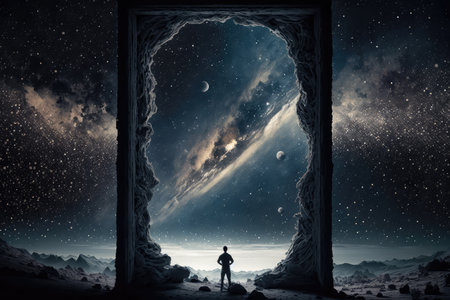 meditative state, with view of infinite universe and starry skies, created with generative aiの素材