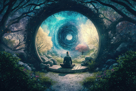 person, meditating in tranquil garden, with energy of the universe surrounding them, created with generative aiの素材