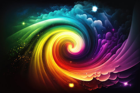rainbow energy, with its vibrant colors and sparkling highlights, shining in the sky, created with generative aiの素材