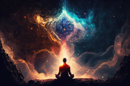 person, meditating in quiet and still space, surrounded by energy of the universe, created with generative aiの素材