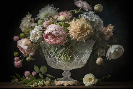 a bouquet of beautiful vintage flowers in a crystal vase, arranged by a florist., created with generative aiの素材