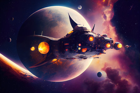 fantastic spaceship moving past celestial body, with stars and planets in the background, created with generative aiの素材