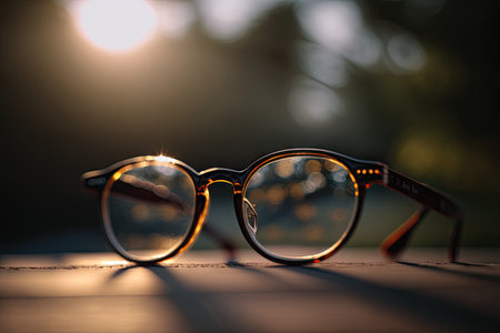 close-up of a pair of eyeglasses, with the sunlight shining through the lenses, created with generative aiの素材