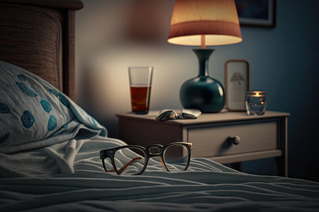 pair of eyeglasses sitting on nightstand next to bed, created with generative aiの素材