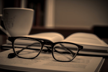 pair of eyeglasses lying on a desk or table, with view of books and papers in the background, created with generative aiの素材