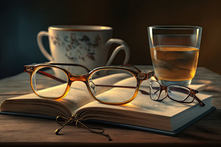 pair of eyeglasses lying on a table, next to book and cup of tea, created with generative aiの素材