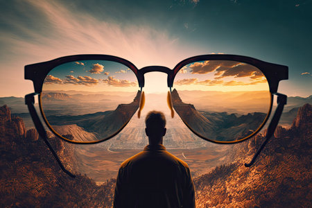 person, standing in front of great view, wearing eyeglasses, created with generative aiの素材