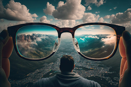 a person, putting on their eyeglasses, with a view of the world in perfect clarity, created with generative aiの素材