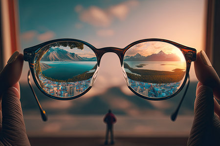 a person, putting on their eyeglasses, with a view of the world in perfect clarity, created with generative aiの素材