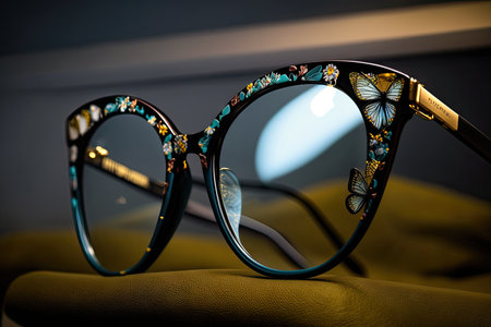 close-up of eyeglasses with butterfly design, created with generative aiの素材