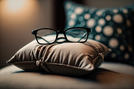 pair of eyeglasses resting on soft pillow, with tranquil background, created with generative aiの素材