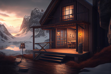 small wooden chalet in mountains of cold evening light interior exterior of the winter chalet, created with generative aiの素材