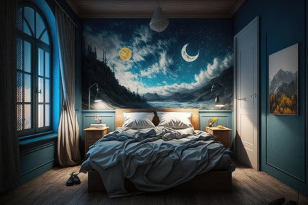 bedroom, with view of the starry night sky and moon, creating a magical atmosphere, created with generative aiの素材