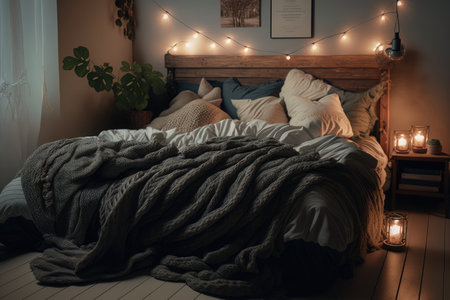 cozy bedroom with warm lighting, soft bedding, and cozy blankets, created with generative aiの素材