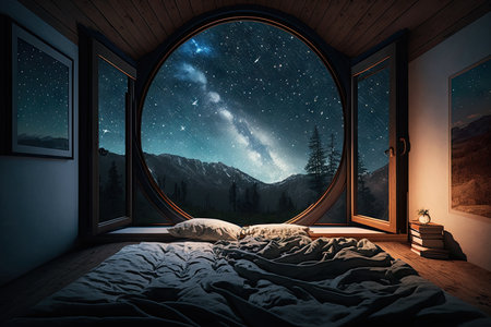 bedroom with view of the night sky, stars shining through the window, created with generative aiの素材