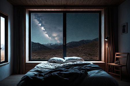 bedroom with view of the night sky, stars shining through the window, created with generative aiの素材