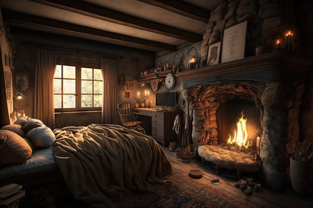 a warm and cozy bedroom with a crackling fire in the fireplace, perfect for reading or relaxing, created with generative aiの素材