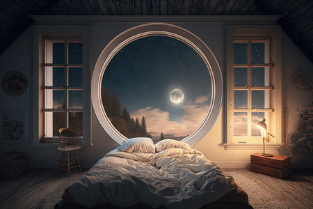 a bedroom with a view of the stars and moon, providing a romantic setting for sleeping, created with generative aiの素材