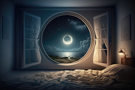 a bedroom at night, with a view of the moon and stars shining through the window, created with generative aiの素材