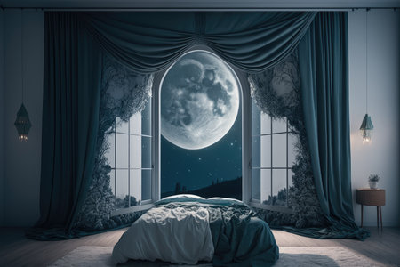 a bedroom with a view of the stars and moon, with curtains drawn for privacy, created with generative aiの素材