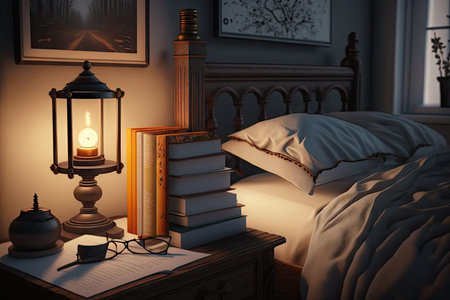 a bedroom with warm lighting, a cozy bed, and a stack of books on the nightstand, created with generative aiの素材