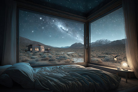 a bedroom, with a view of the stars and the night sky, illuminated by moonlight, created with generative aiの素材