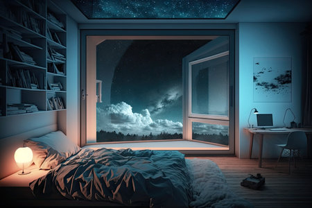 a bedroom, with a view of the night sky, filled with stars and moonlight, created with generative aiの素材
