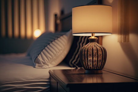close-up of bedside lamp, with warm light shining on the bedroom, created with generative aiの素材