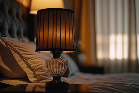 close-up of bedside lamp, with warm light shining on the bedroom, created with generative aiの素材